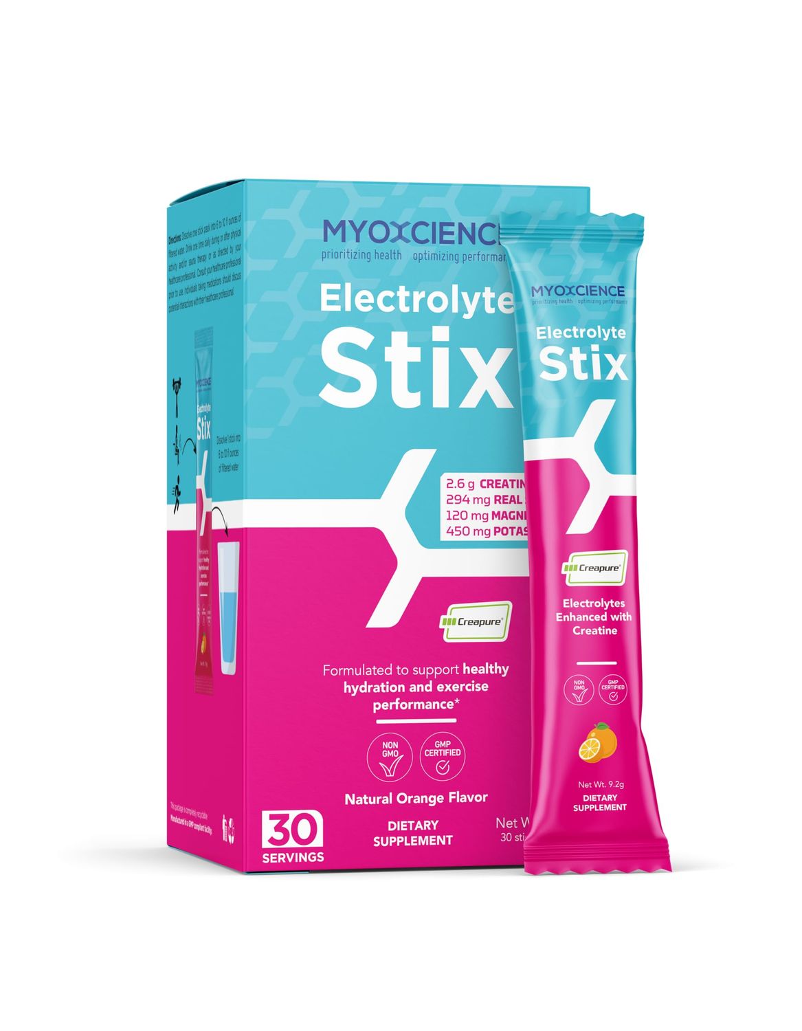 MYOXCIENCE Electrolyte Stix | Real Salt, Electrolytes, Magnesium Potassium Plus Taurine and Creatine (Orange)