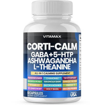 Corti-Calm Cortisol Supplement, L Theanine, Ashwagandha, Vitamin D 3, GABA for Relaxation, Fatigue &amp; Focus with Ginkgo Biloba, Bacopa Monnieri, 5-HTP - Non-GMO, Made in USA - 60ct