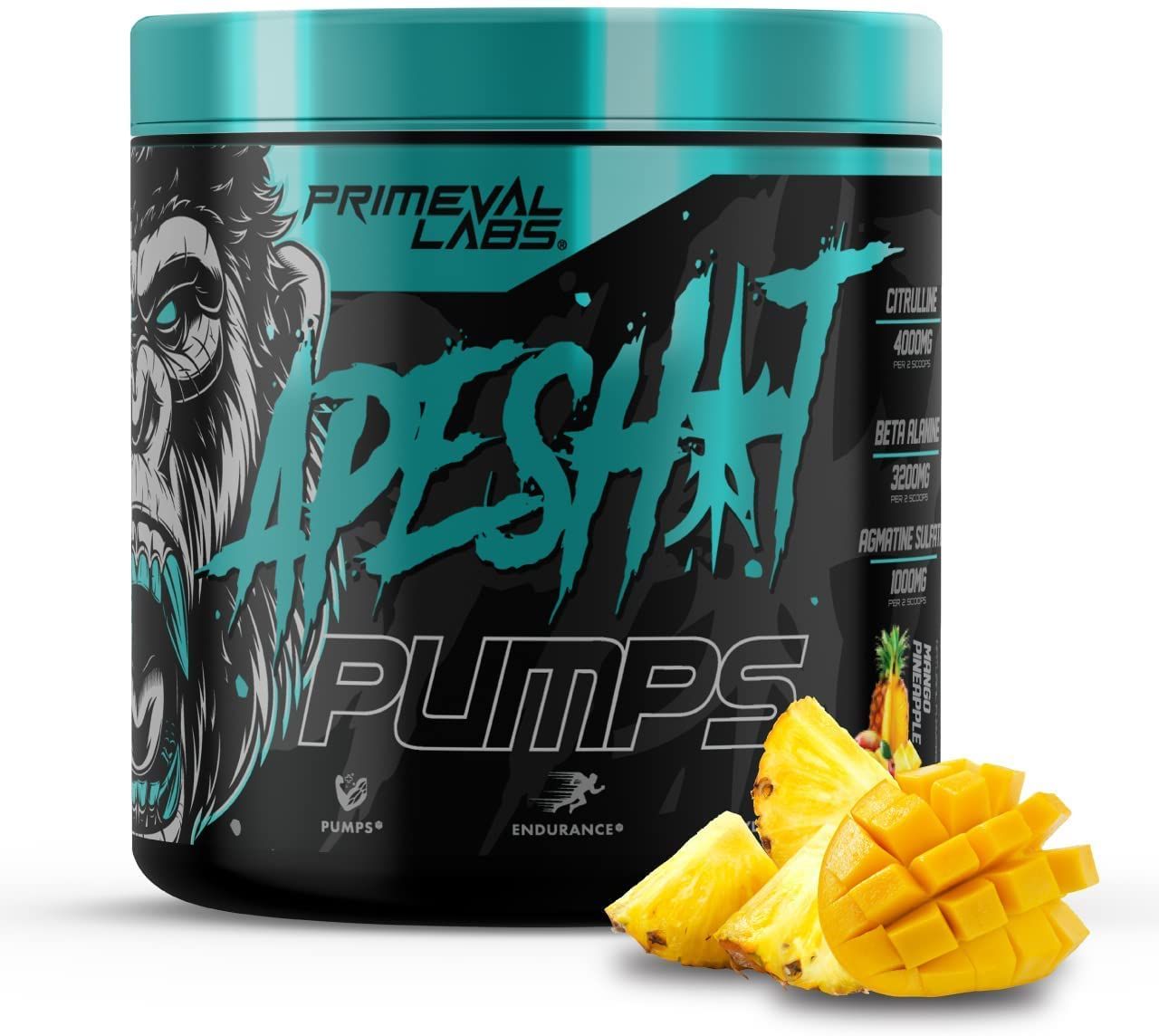 Primeval Labs Ape Pumps PreWorkout Powder for Men and Women, 40 Servings Mango Pineapple, Caffeine Free, Nitric Oxide Pump Pre Workout Energy Drink, Intense Pumps, Strength, Beta Alanine, L Citrulline