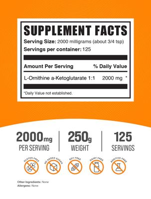 BulkSupplements.com L-Ornithine Alpha-Ketoglutarate Powder - OKG Supplement, Nitric Oxide Supplement, Ornithine Supplement - Gluten Free, 2000mg per Serving, 250g (8.8 oz) (Pack of 1)