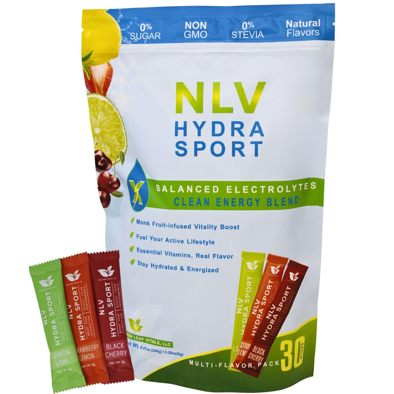 NLV Hydra Sport Balanced Electrolyte Clean Energy Blend &amp; Powder | Monk Fruit Infused Electrolyte &amp; Vitality Boost | Keto | Sugar-Free, Zero Stevia | All 8 B and C Vitamins | Multi Flavor Packets