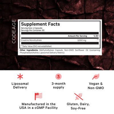 Codeage Liposomal Creatine Monohydrate Supplement, Pure Creatine 3000mg - 3 Months Supply, Micronized Creatine Powder, Creatinine Muscles Sports Nutrition and Athletes, Non-GMO - 360 Capsules