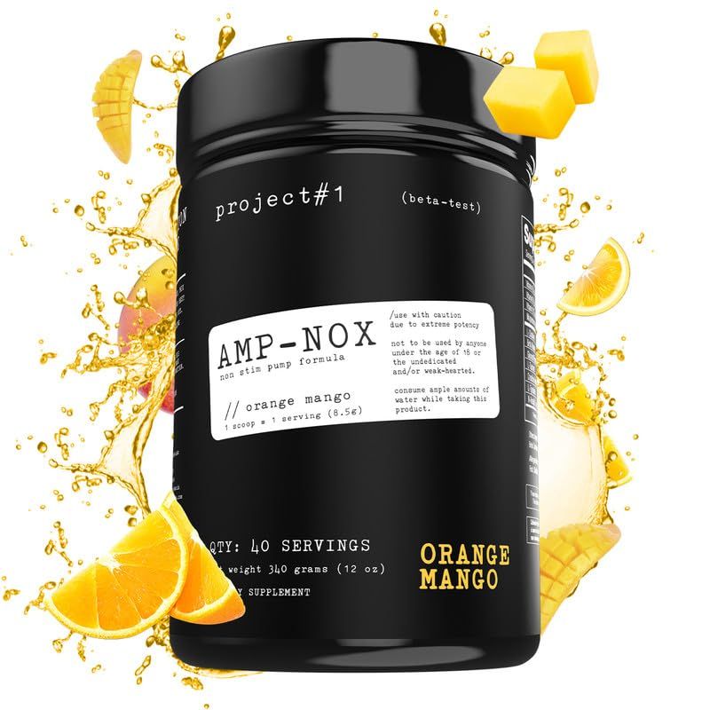 Project #1 AMP-NOX: Non-Stim Pre Workout Powder to Boost Focus &amp; Pump | Protein Drink with Amino Acids for Men &amp; Women| Instant Strength-Orange Mango[40 Servings]| Preworkout Amino Energy Drink Powder