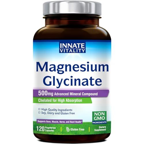 Innate Vitality Magnesium Glycinate 500mg | 70mg Elemental Magnesium Supplement- High Absorption, Non Buffered, Non-GMO &amp; No Gluten - Nerve, Muscle, Bone &amp; Heart Health - 120 Vegan Capsules Magnesio
