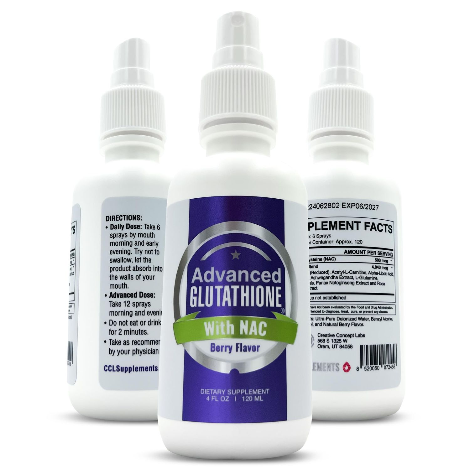 CCL Advanced Glutathione Spray &amp; NAC Supplement, Liquid Glutathione Sublingual, N-Acetyl-cysteine Antioxidant Spray Supports Immune Health - Fresh Flavor, Non-GMO, Vegan, Gluten-Free (120 Servings)