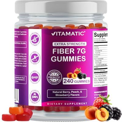 Vitamatic Prebiotic Fiber Gummies for Adults, 7G Extra Strength, Zero Sugar Added, 240 Pectin Based Gummies, Digestive Health &amp; Regularity Support