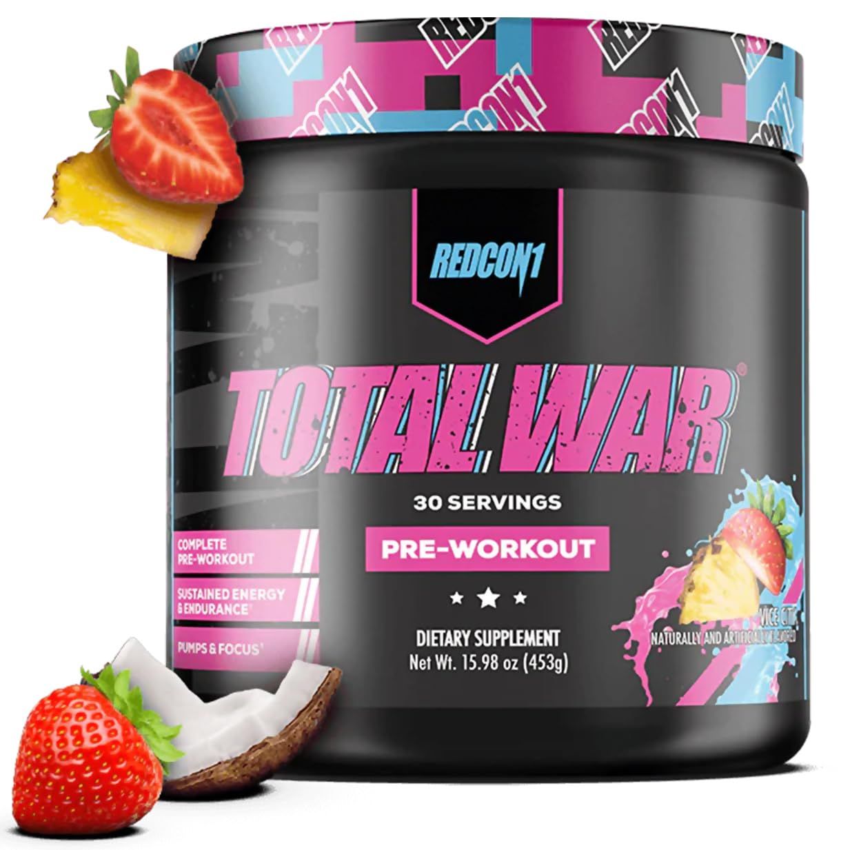 REDCON1 Total War Pre Workout - L Citrulline, Malic Acid, Green Tea Leaf Extract for Pump Boosting Pre Workout for Women &amp; Men - 3.2g Beta Alanine to Reduce Exhaustion, Vice City 30 Servings
