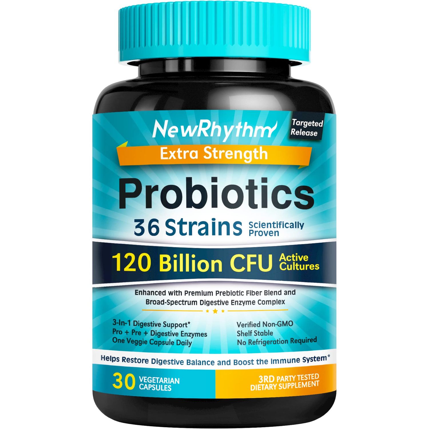 NewRhythm Probiotics 120 Billion CFU 36 Strains, 3-in-1 Probiotics for Digestive Health &amp; Immune Support with Prebiotics &amp; Enzymes, Probioticos for Women &amp; Men, Vegan Targeted Release Supplement, 30ct