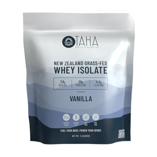 Taha Health &amp; Nutrition Vanilla Whey Protein Isolate Powder, 30g Protein, 7.9g BCAAs, 4.3g Leucine | New Zealand Free-Range, Grass-Fed Dairy | Gluten-Free, Keto, Kosher | 2LB, 25 Servings