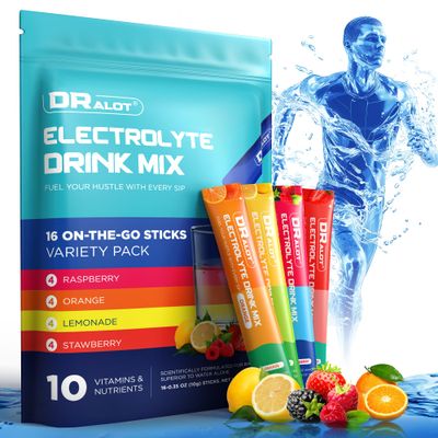 Dralot Sugar Free Electrolytes Powder with Natural Flavors, 3X Rapid Hydration Packets with 10 Electrolyte &amp; Vitamins, Liquid Daily IV for Hangover Relief, Non-GMO, Gluten-Free, Keto, Vegan, 16 Sticks