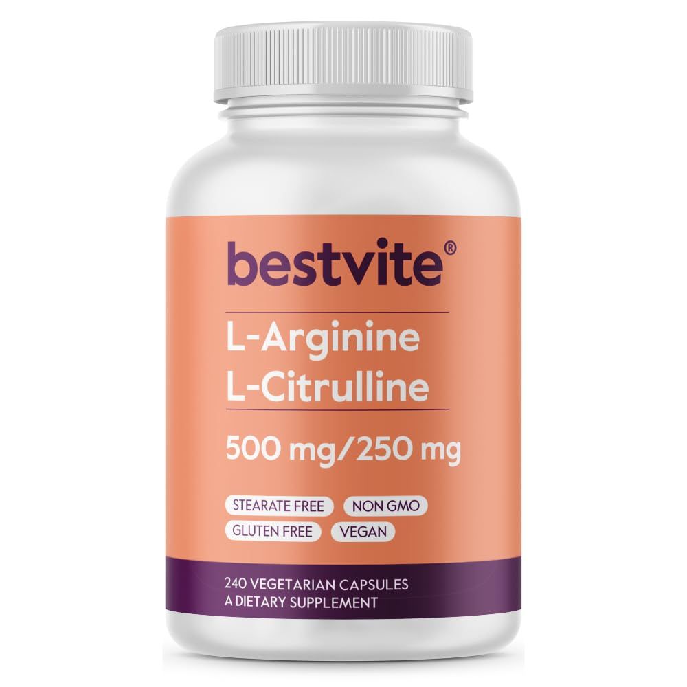 BESTVITE L-Arginine L-Citrulline 500mg / 250mg Vegan (240 Vegetarian Capsules) - No Stearates - No Dicalcium Phosphate - Non GMO - Gluten Free