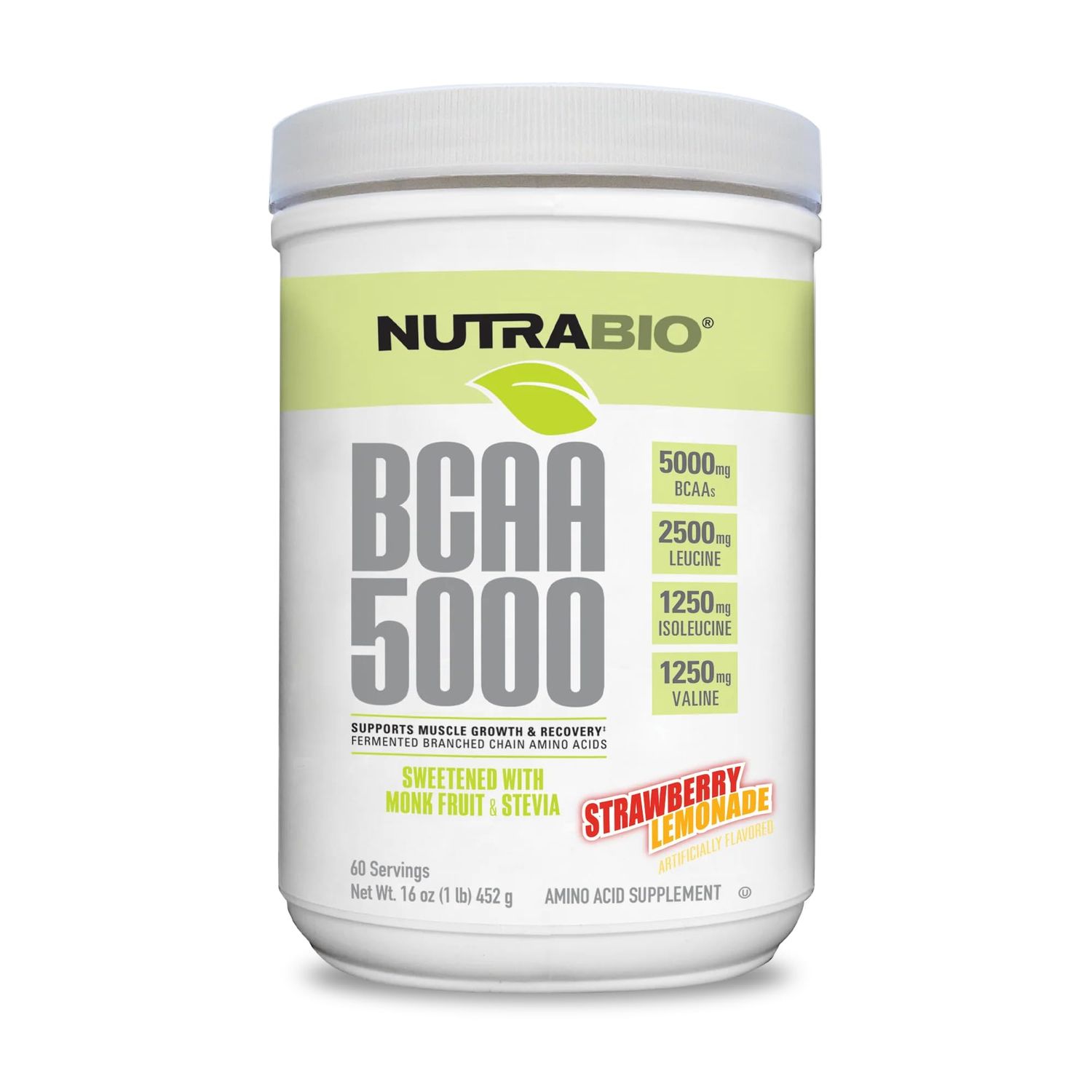 NutraBio BCAA 5000 Powder - Fermented Branched Chain Amino Acids for Muscle Growth &amp; Recovery - Natural Flavors, Sweeteners, and Coloring, Vegan, Gluten Free - Strawberry Lemonade, 60 Servings
