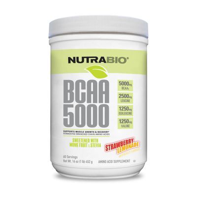 NutraBio BCAA 5000 Powder - Fermented Branched Chain Amino Acids for Muscle Growth &amp; Recovery - Natural Flavors, Sweeteners, and Coloring, Vegan, Gluten Free - Strawberry Lemonade, 60 Servings