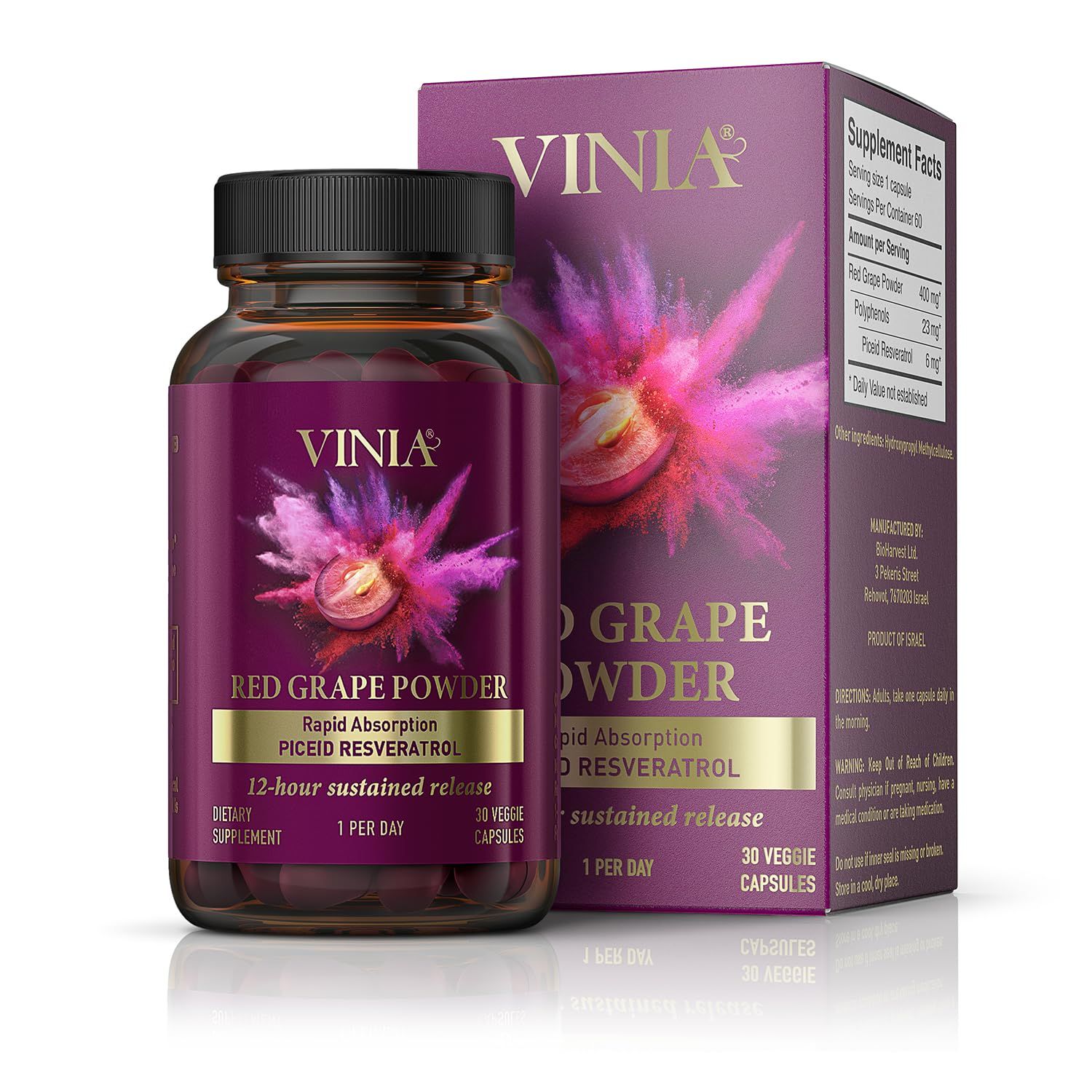 VINIA 12-Hour Long-Lasting piceid resveratrol Supplement. Nitric Oxide Supplement. Supports Heart Health, Blood Flow, Boost Oxygen Superfood Powder, Keto Friendly. Vegan &amp; Non-GMO. 30 Day Supply.