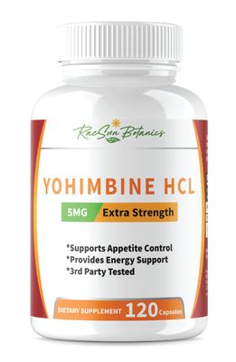 RaeSun Botanics Yohimbine HCL Bark Extract Extra Strength Supplement 5mg x 120ct Capsules Premium Fat Burner, Weight Loss, Appetite Control, Male Support, Energy, and More