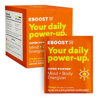 EBOOST Energy Drink &amp; Electrolyte Powder, 20 Packets - Super Powder Orange with No Added Sugar - Essential Blend of Vitamins, Nootropics &amp; Natural Caffeine and Hydration - Pre &amp; Post Workout