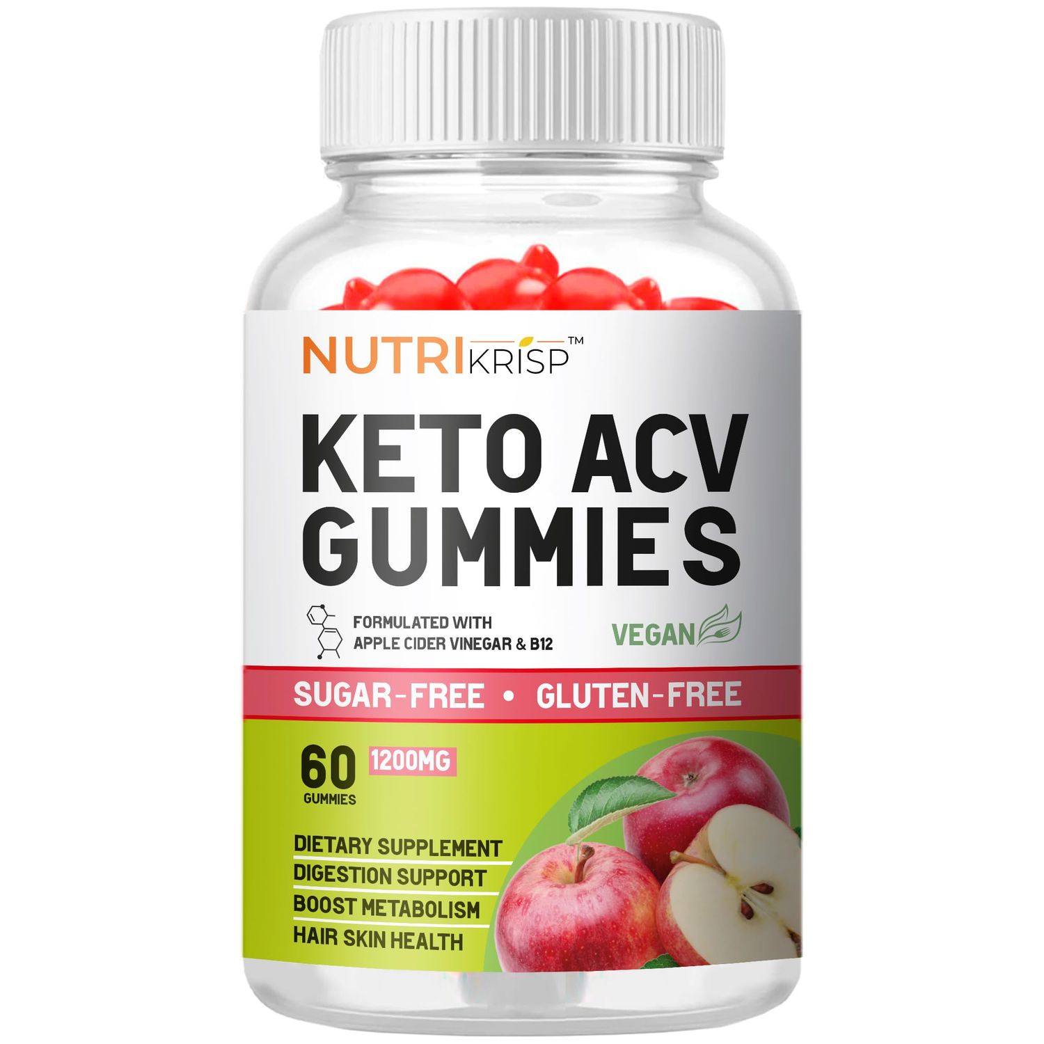 NutriKrisp Organic Keto ACV Gummy for Weight Loss - Sugar &amp; Gluten Free Apple Cider Vinegar Diet Supplement for Fat Burn - Support Digestion Metabolism Hair Skin for Men Women (1200MG)