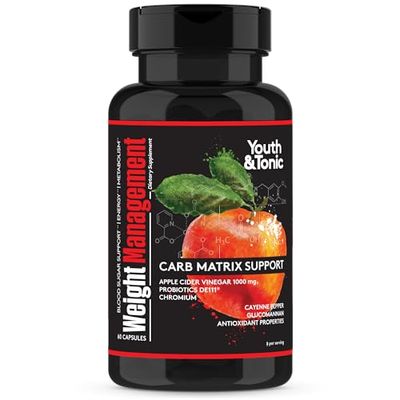Youth &amp; Tonic Weight Management Carb Matrix Support for Appetite Suppressant, Hunger Control, Metabolism Booster, Natural Detox &amp; Gut Cleanse for Women &amp; Men, 60 Pills w/ACV, Glucomannan, Chromium
