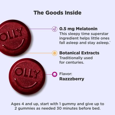 OLLY Kids Sleep Gummies, 0.5mg Melatonin, L Theanine, Chamomile, and Lemon Balm, Fall Asleep Faster, Raspberry - 70 Count