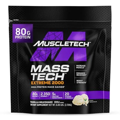 Muscletech High-Protein Mass Gainer (Vanilla Milkshake, 6LB) - Mass Tech Extreme 2000 Mass Gainer Protein Powder Supplement - Weight Gainer for Increase Muscle, Enhanced Recovery &amp; Strength