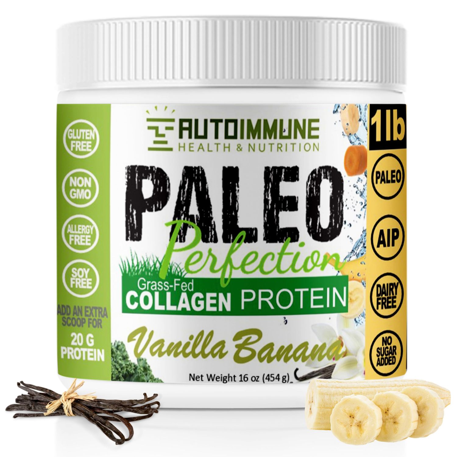 Paleo Perfection Vanilla Banana Grass Fed Beef Collagen Protein Powder with Stevia - Paleo, Keto, SCD, AIP Protein Powder with Apple Fiber, Carrot &amp; Broccoli - 1lb Protein Powder &amp; Superfood Blend