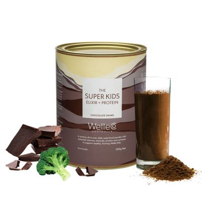 WelleCo The Super Kids Elixir Vegan Protein Powder Chocolate Shake with Prebiotics and Probiotics, Real Fruits &amp; Veggies, Supports Cognitive Function, Immunity &amp; Energy, for Kids Ages 4+, 17.6 oz Tin
