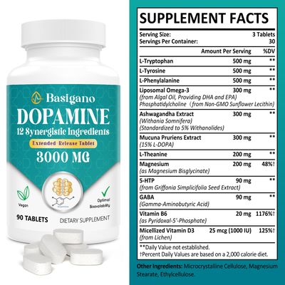 Basigano Natural Dopamine Supplement for Energy, Focus, Motivation, Mental Alertness, Mood, and Stress - Non-GMO, Gluten-Free - 90 Tablets