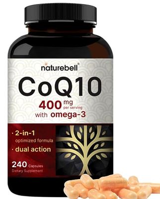 NatureBell CoQ10 400mg with Omega 3 Fatty Acids, 240 Capsules | Stable High Absorption Form - Antioxidant Support for Heart &amp; Energy Health - Extra Strength Coenzyme Q10 Supplement