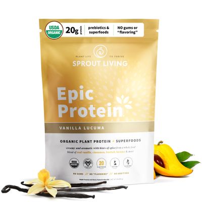 Sprout Living Epic Protein, Plant Based Protein &amp; Superfoods Powder, Vanilla Lucuma Powder | 20 Grams Organic Protein Powder, Vegan, Non Dairy, Non-GMO, Gluten Free, Low Sugar (1 Pound, 12 Servings)