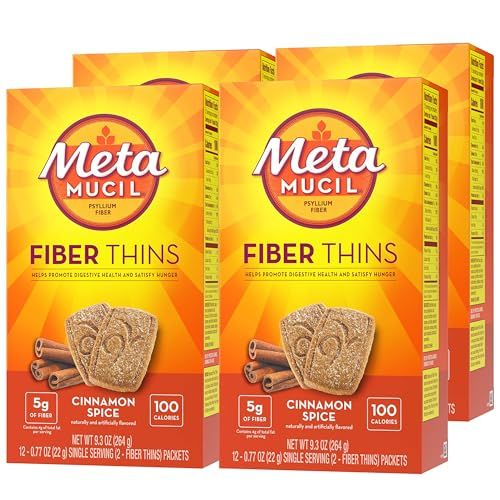 Metamucil Fiber Thins, Daily Psyllium Husk Fiber Supplement, Supports Digestive Health and Satisfies Hunger, Cinnamon Spice Flavor, 48 Total Servings (4 Packs of 12)