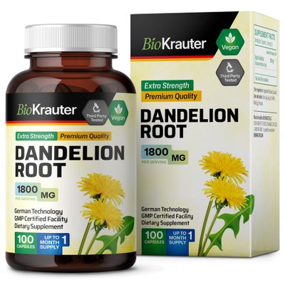 BIO KRAUTER Dandelion Root Capsules - 1800 mg Strength - 100 Count - Dandelion Root Supplement - Vegan Dandelion Powder Capsules for Digestion, Liver Support, Cleansing and Immunity