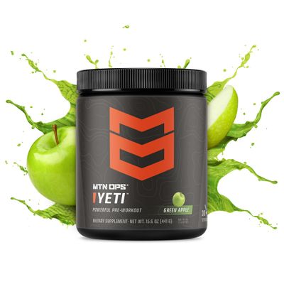 MTN OPS Yeti Pre-Workout Powder Energy Drink with Creatine, 200mg Caffeine &amp; BCAAs with Beta Alanine, 30-Serving Tub, Green Apple
