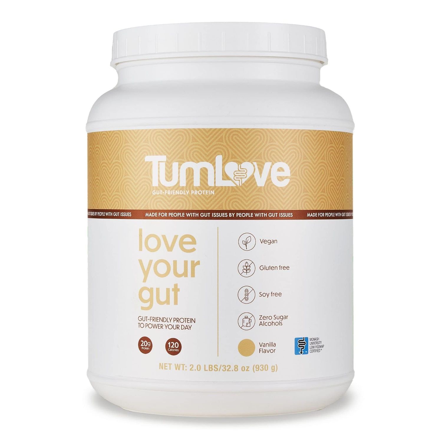 TumLove Vegan Protein Powder - Low FODMAP Certified, Gluten-Free, Dairy-Free, Soy-Free, 100% Gut-Friendly &amp; Non-Bloating, Vanilla (25 Servings)