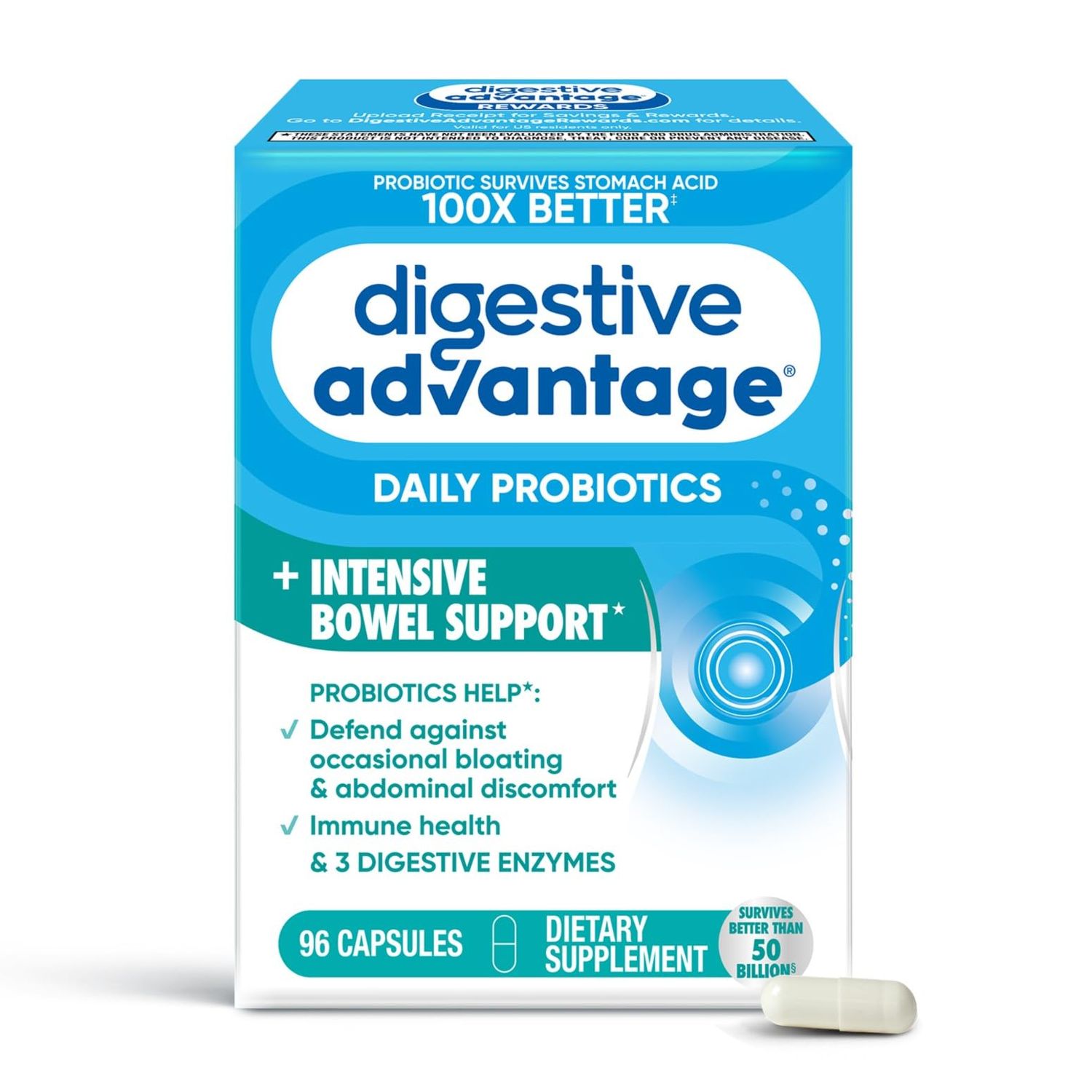 Digestive Advantage IBS Daily Probiotic Capsules for Digestive Health &amp; Gut Health, Probiotics for Men and Women (96 Count Box) - Digestible Enzymes