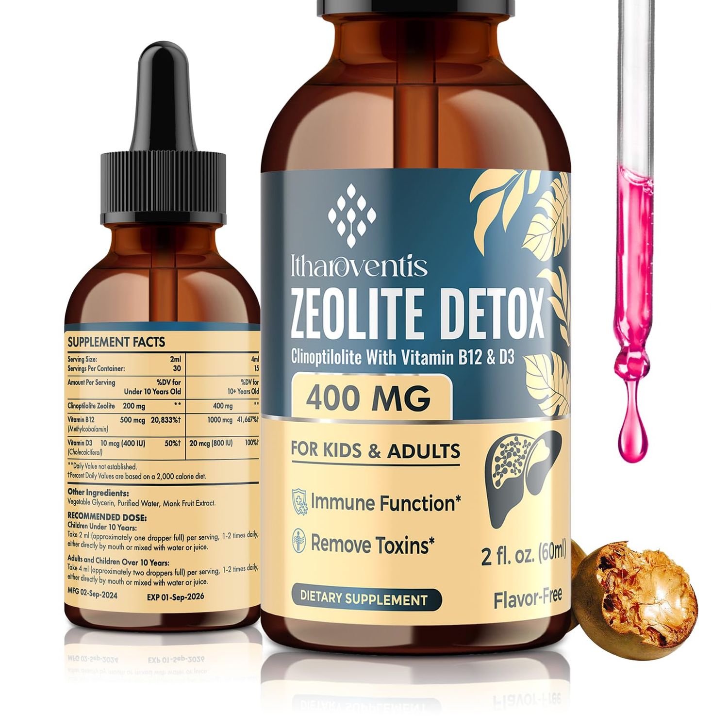 Itharoventis Zeolite Detox for Kids and Adults, Premium Zeolite Clinoptilolite Liquid with Methyl Vitamin B12 &amp; D3, Gentle Heavy Metal Detox for Kids, Energy, and Focus, Monk Fruit Flavor, 2 Fl Oz