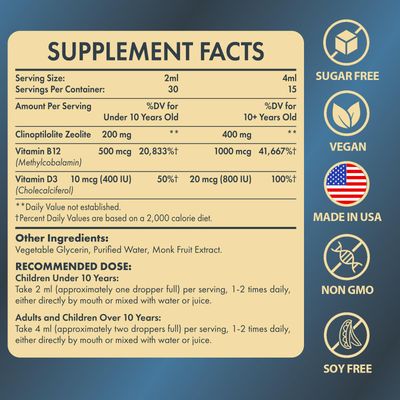 Itharoventis Zeolite Detox for Kids and Adults, Premium Zeolite Clinoptilolite Liquid with Methyl Vitamin B12 & D3, Gentle Heavy Metal Detox for Kids, Energy, and Focus, Monk Fruit Flavor, 2 Fl Oz