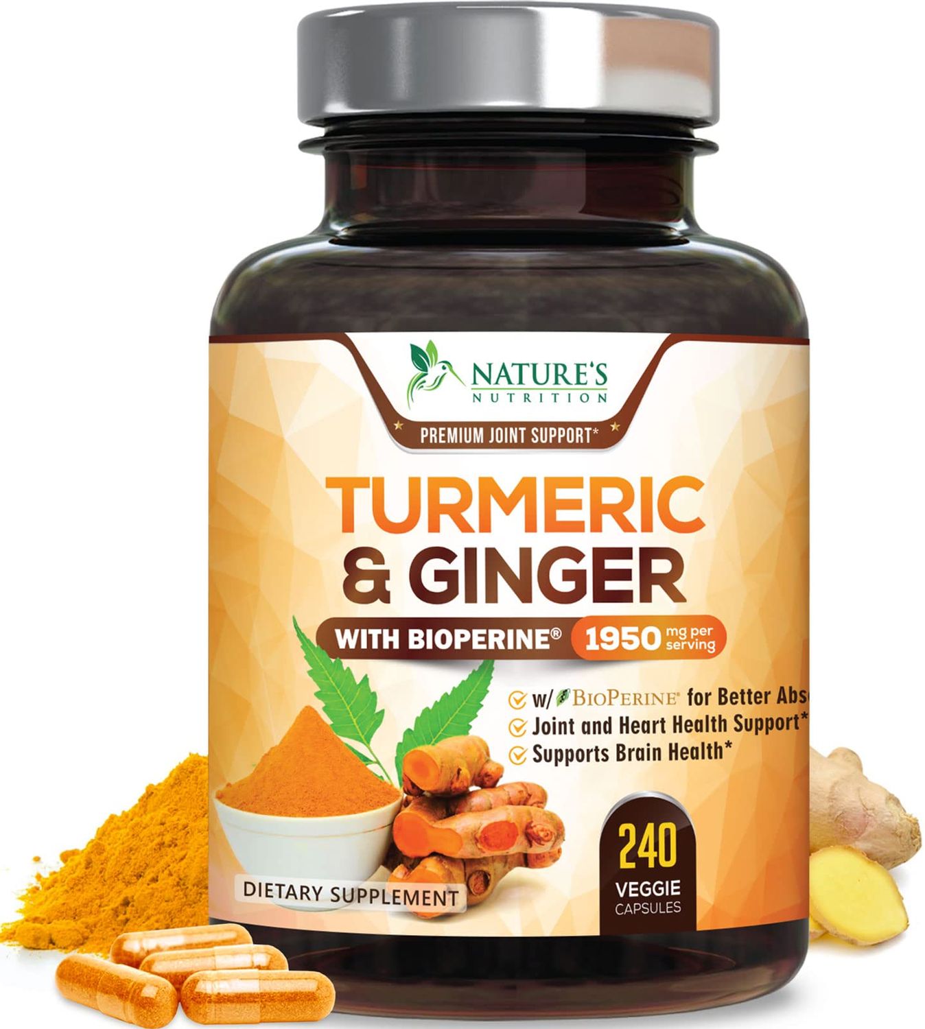 Turmeric Curcumin Supplement 1950mg with Organic Turmeric &amp; Ginger, 95% Curcuminoids, BioPerine Black Pepper for Best Absorption, Nature&#39;s Vegan Joint Support, Non-GMO, Bottled in USA - 240 Capsules