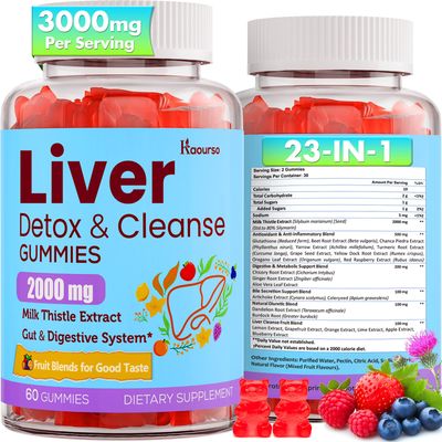 3000mg Liver Cleanse Detox &amp; Repair Gummies | Milk Thistle 2000mg with Turmeric Dandelion Root &amp; Artichoke for Liver Detox, Liver Support &amp; Renew, Antioxidant, Gut, Skin - Fruit Flavor, 60 Gummies