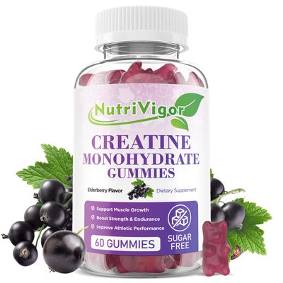 NutriVigor Creatine Monohydrate Gummies 5000 mg for Men &amp; Women, Chewables Creatine Monohydrate for Muscle Growth and Recovery, Energy Boost, Pre-Workout Support, Elderberry Flavor, 60 Count