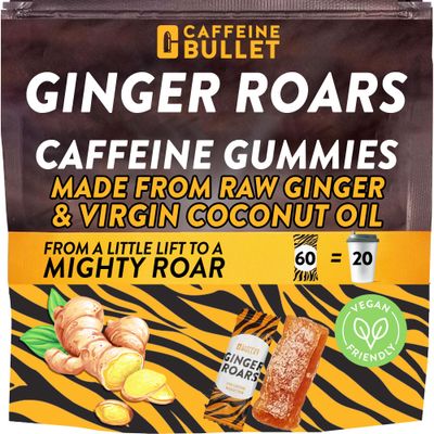 Ginger Roars - 60 Caffeine Gummies - Plant Based Caffeine Chews each 33mg caffeine, made from root ginger with a tasty, natural fiery kick for improved energy for running, cycling, preworkout &amp; focus.