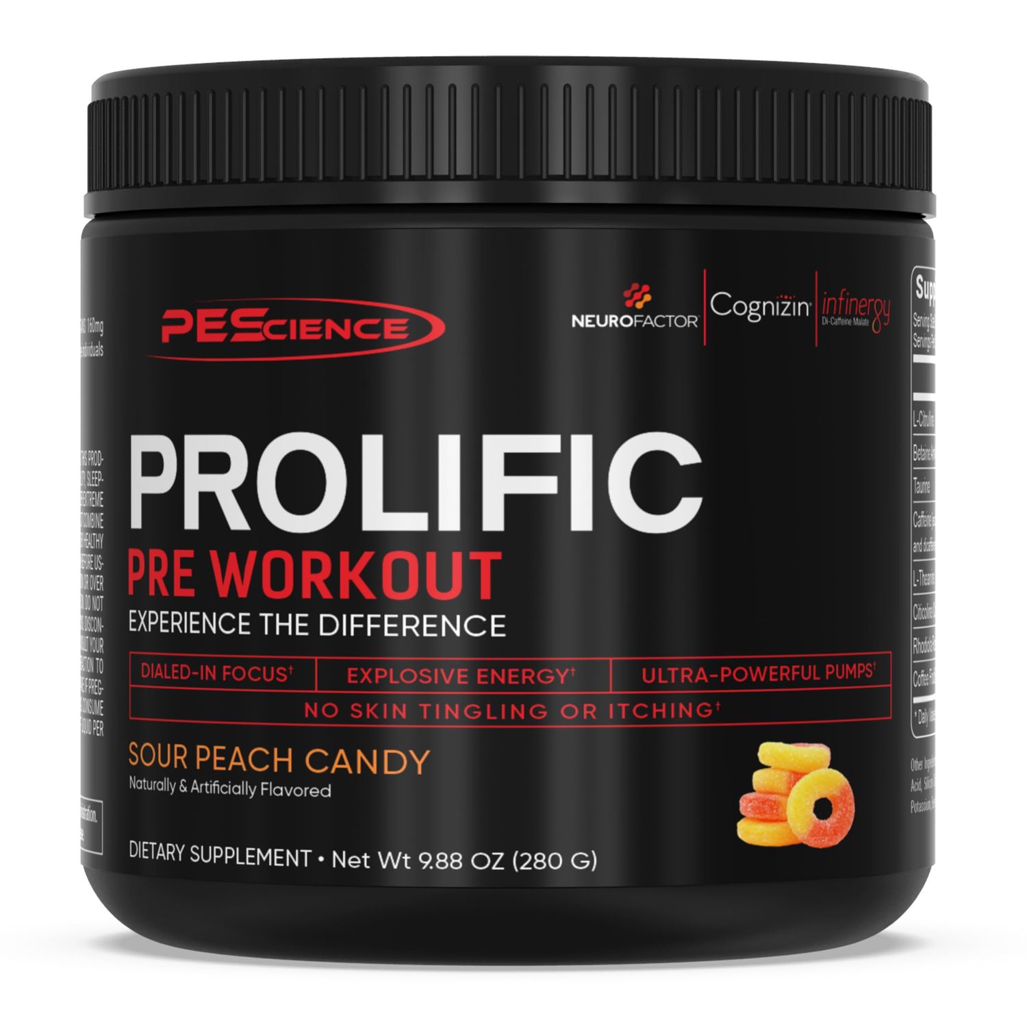 PEScience Prolific Pre Workout Powder, Sour Peach Candy, 40 Scoop, Energy Supplement with Nitric Oxide, KK Fit Signature Flavor