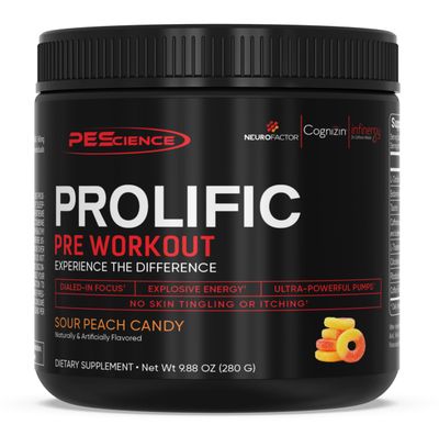 PEScience Prolific Pre Workout Powder, Sour Peach Candy, 40 Scoop, Energy Supplement with Nitric Oxide, KK Fit Signature Flavor