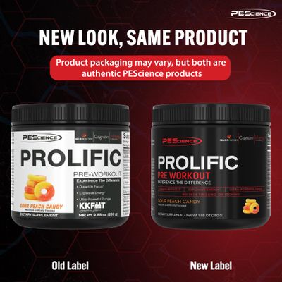 PEScience Prolific Pre Workout Powder, Sour Peach Candy, 40 Scoop, Energy Supplement with Nitric Oxide, KK Fit Signature Flavor