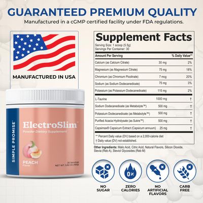 Simple Promise ElectroSlim - Sugar-Free Electrolyte Powder for Hydration and Electrolyte Balance - No Sugar Formula for Daily Energy Support - Peach Flavor