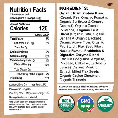 EarthChimp Organic Vegan Protein Powder - with Probiotics - Non GMO, Dairy Free, Non Whey, Plant Based Protein Powder for Women and Men, Gluten Free - 26 Servings 32 Oz (Chocolate)