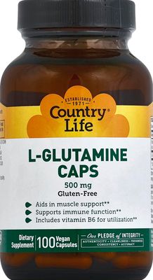 Country Life L-Glutamine 500 mg with B-6 - Amino Acids Supplement for Muscle Support &amp; Gut Health - Vegan, Gluten-Free, Kosher - High Absorption - No Yeast, Corn, Soy - 100 Capsules