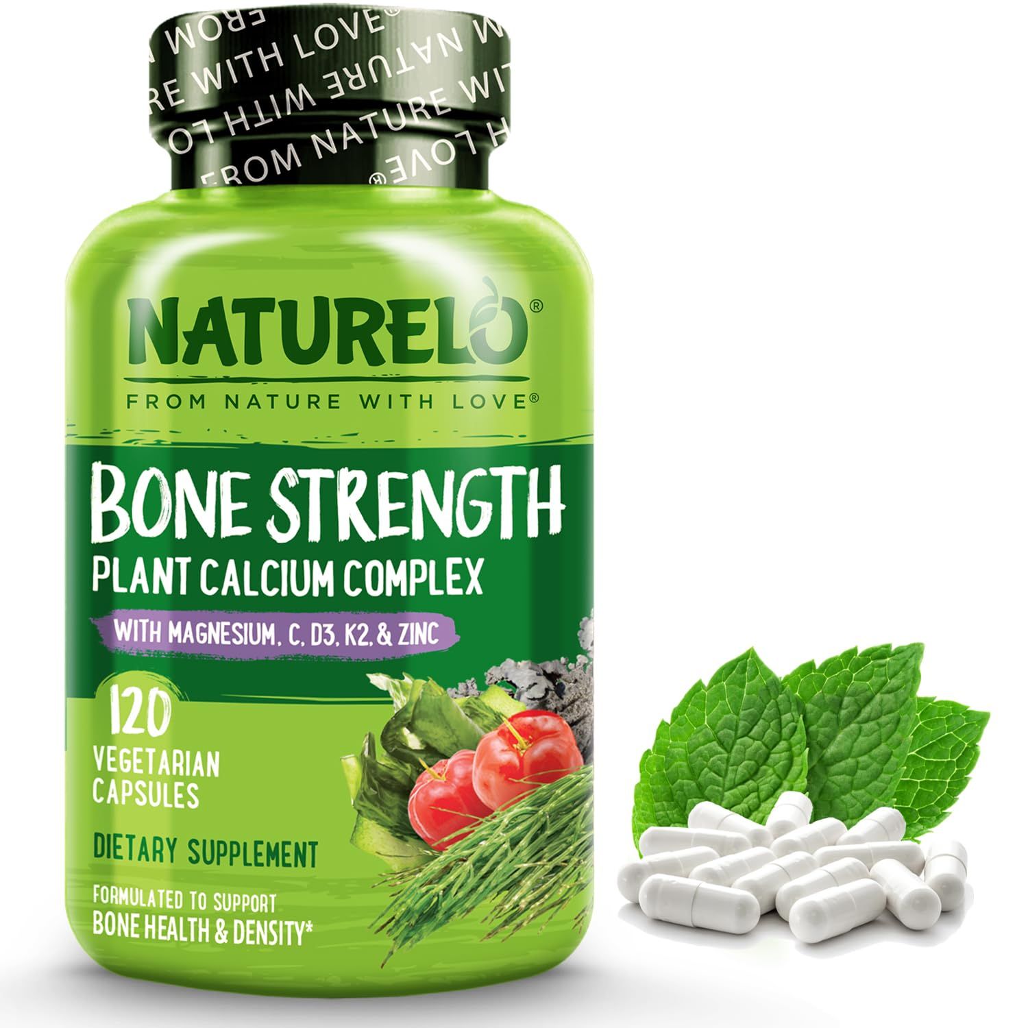 NATURELO Calcium Supplement - with Vitamin C, Vitamin D3, K2, and Calcium Magnesium Zinc for Bone Strength with Calcium 600mg - Plant-Based, 120 Vegetarian Capsules, Non-GMO, Soy &amp; Gluten-Free