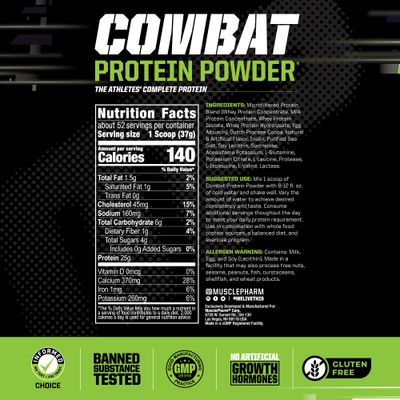 MusclePharm Combat Protein Powder, Chocolate Milk Flavor, Fuels Muscles for Productive Workouts, 5 Protein Sources including Whey Protein Isolate &amp; Egg Albumin, Gluten Free, 4.2 lb, 52 Servings