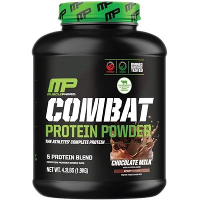 MusclePharm Combat Protein Powder, Chocolate Milk Flavor, Fuels Muscles for Productive Workouts, 5 Protein Sources including Whey Protein Isolate &amp; Egg Albumin, Gluten Free, 4.2 lb, 52 Servings