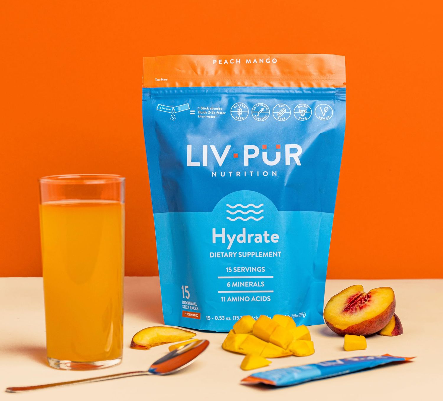 LivPur Nutrition Hydrate Hydration Powder w/Electrolytes | Essential Amino Acids &amp; Nutrients | NSF Certified for Sport, No Artificial Flavors | Easy Single-Serve Sticks | Peach Mango, 15 Sticks